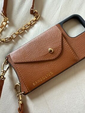 Bandolier Tan Leather Crossbody Phone Case with Gold Hardware- IPhone 13 Pro